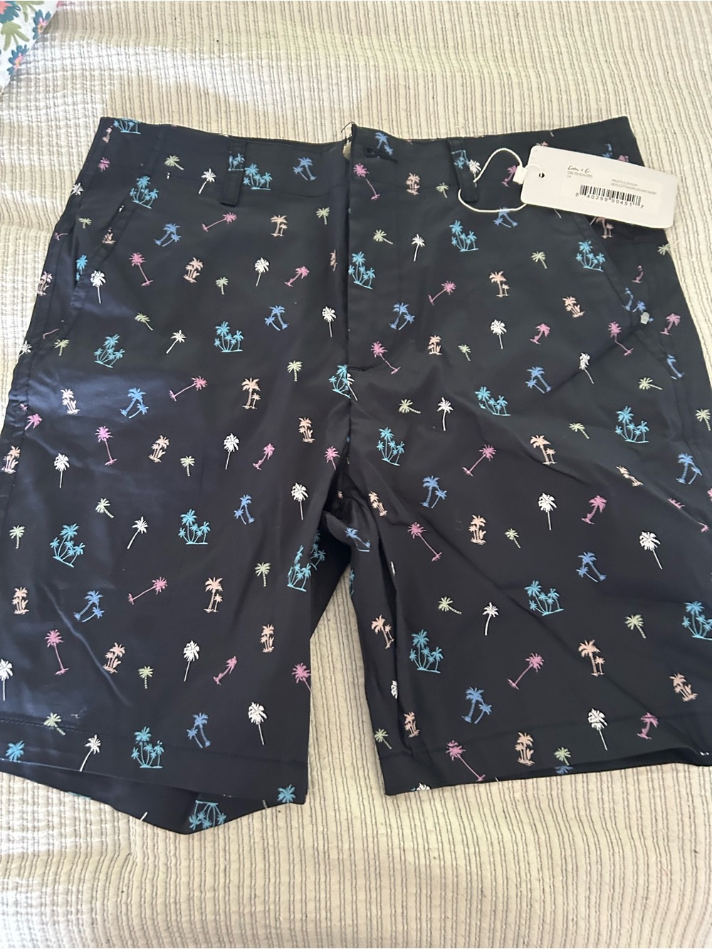 Boys size 14 Cotton Co Navy Palm-Print Swim Shorts